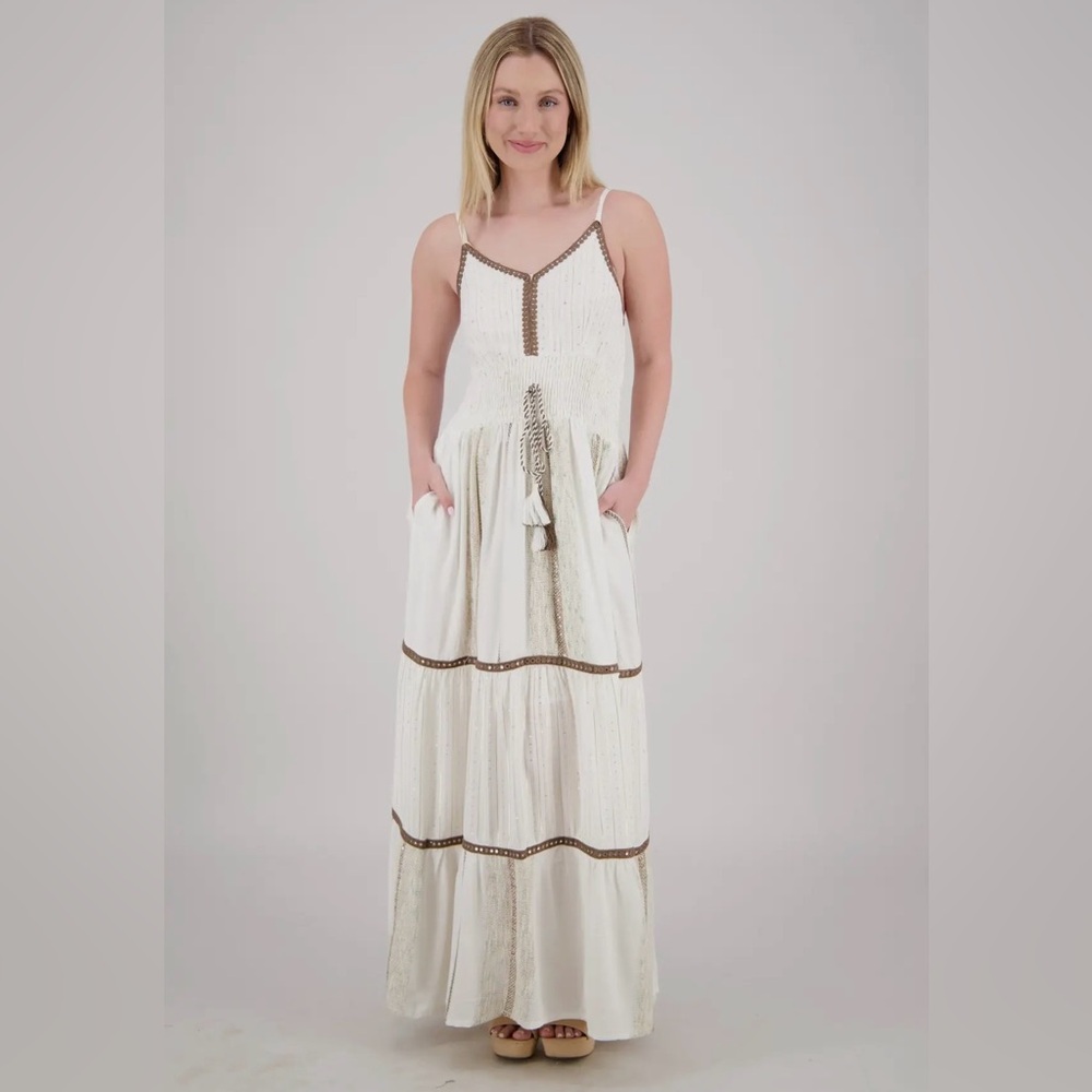 NWT Elegant White and Brown Maxi Dress - Picture 1 of 2